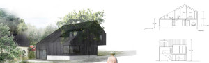 Tecknad bild och planritning på hus. Titel PMB Sverige bygger designat hus på Pengaberget.